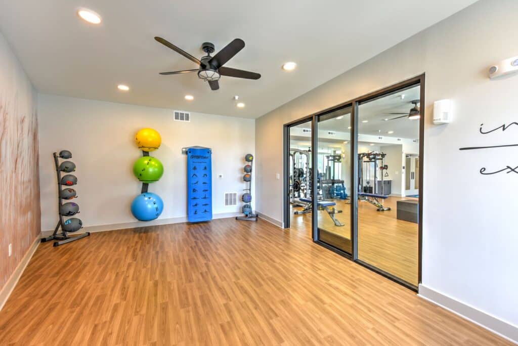 Exercise room with wooden flooring, mirrored wall, various colored exercise balls, and an equipment rack on one side. Ceiling fan and lights are installed above.